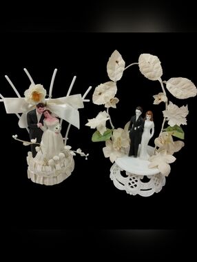 VTG 1940s 50s WEDDING CAKE TOPPERS BRIDE & GROOM LOT OF 2 Chalkware Plastic